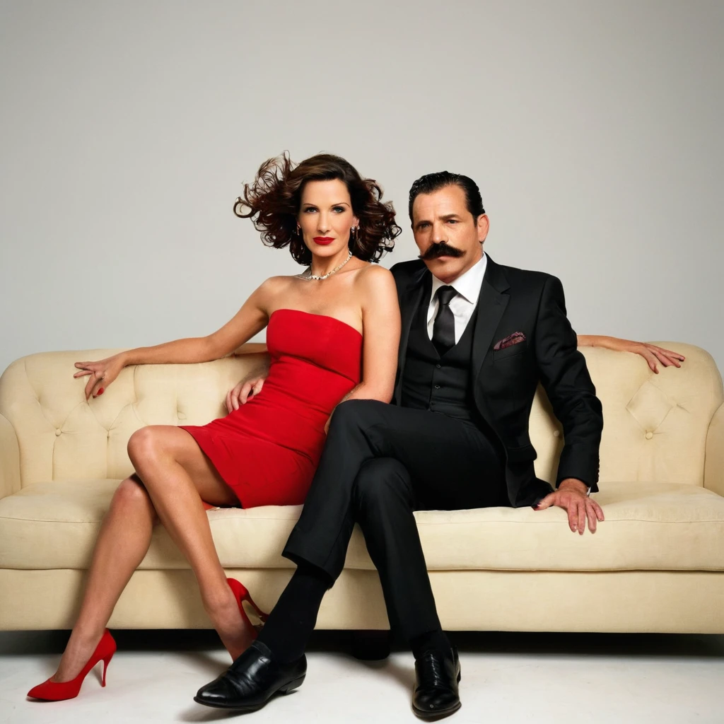 The man in his 45s with black very short hair and smooth face with moustache. The woman in her 45s with brown long wavy hair. The man is dressed in a black suit. The woman is wearing red strapless dress. The man is sitting on black sofa. The woman is sitting on the man's lap. White background. Studio. Posing for magazine cover. HDR. UHD. Cinematic.