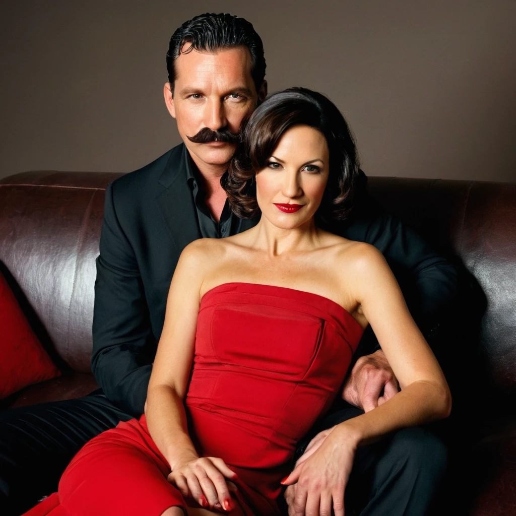 The man in his 45s with black very short hair and smooth face with moustache. The woman in her 45s with brown long wavy hair. The man is dressed in a black suit. The woman is wearing red strapless dress. The man is sitting on black sofa. The woman is sitting on the man's lap. White background. Studio. Posing for magazine cover. HDR. UHD. Cinematic.