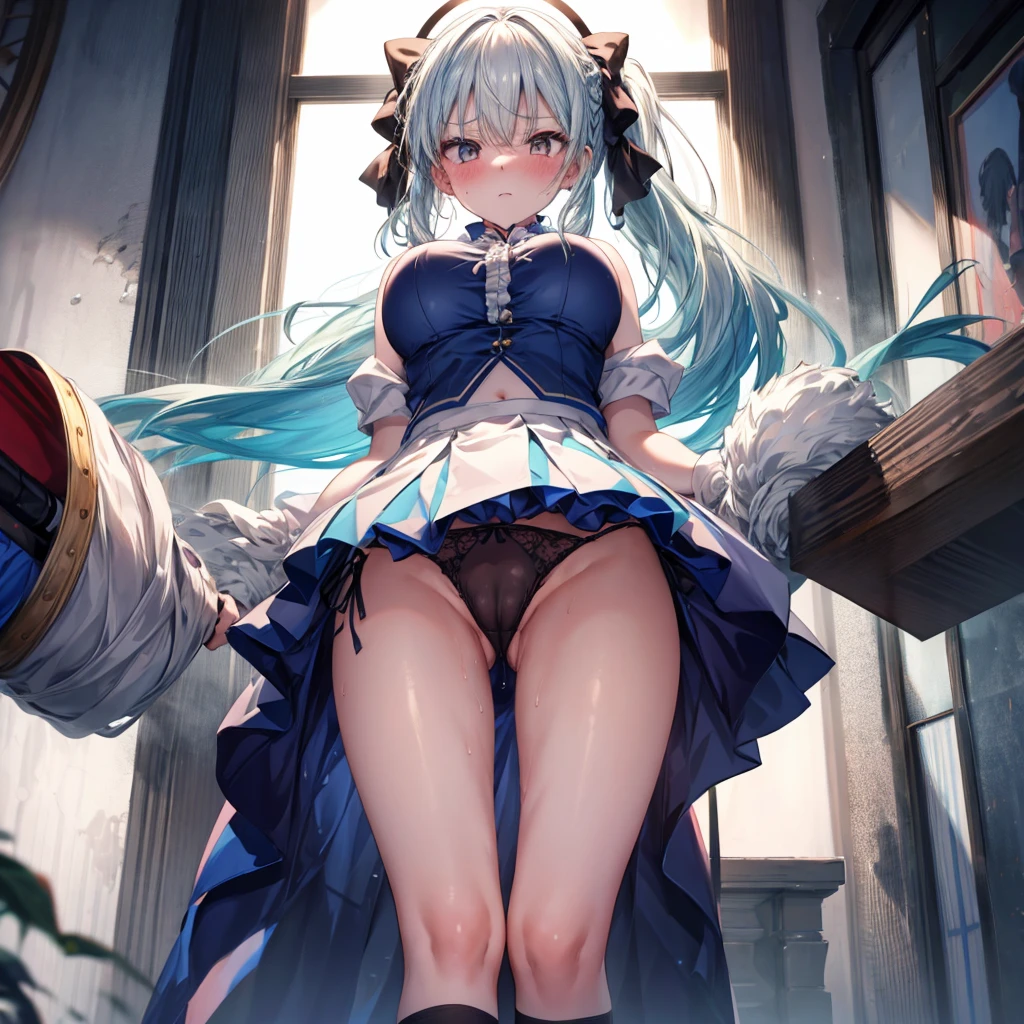 ((Highest quality)), ((masterpiece)), ((detailed)), 4K, (nsfw), 1girl, 独奏, white blue hair, long hair, side ponytail, large breasts, (cheerleader), kneehighs, frilled panties, (sweat), see through, cameltoe, blush, angry, aroused, park, stand, (open legs), looking at viewer, (from below), (looking down)
