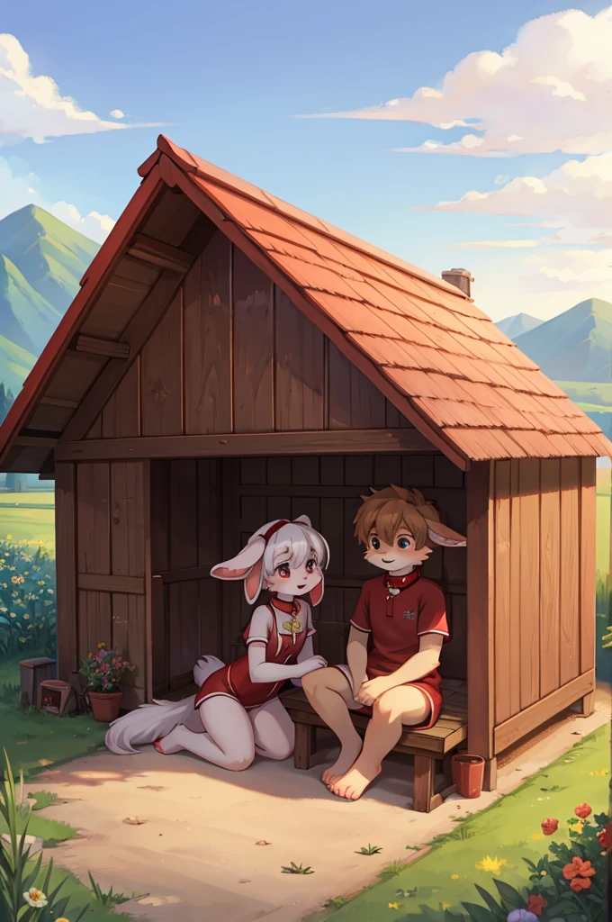 Couple of lop-eared dogs, boy and girl, Red collar,Rural landscape,doghouse,Hands on the floor