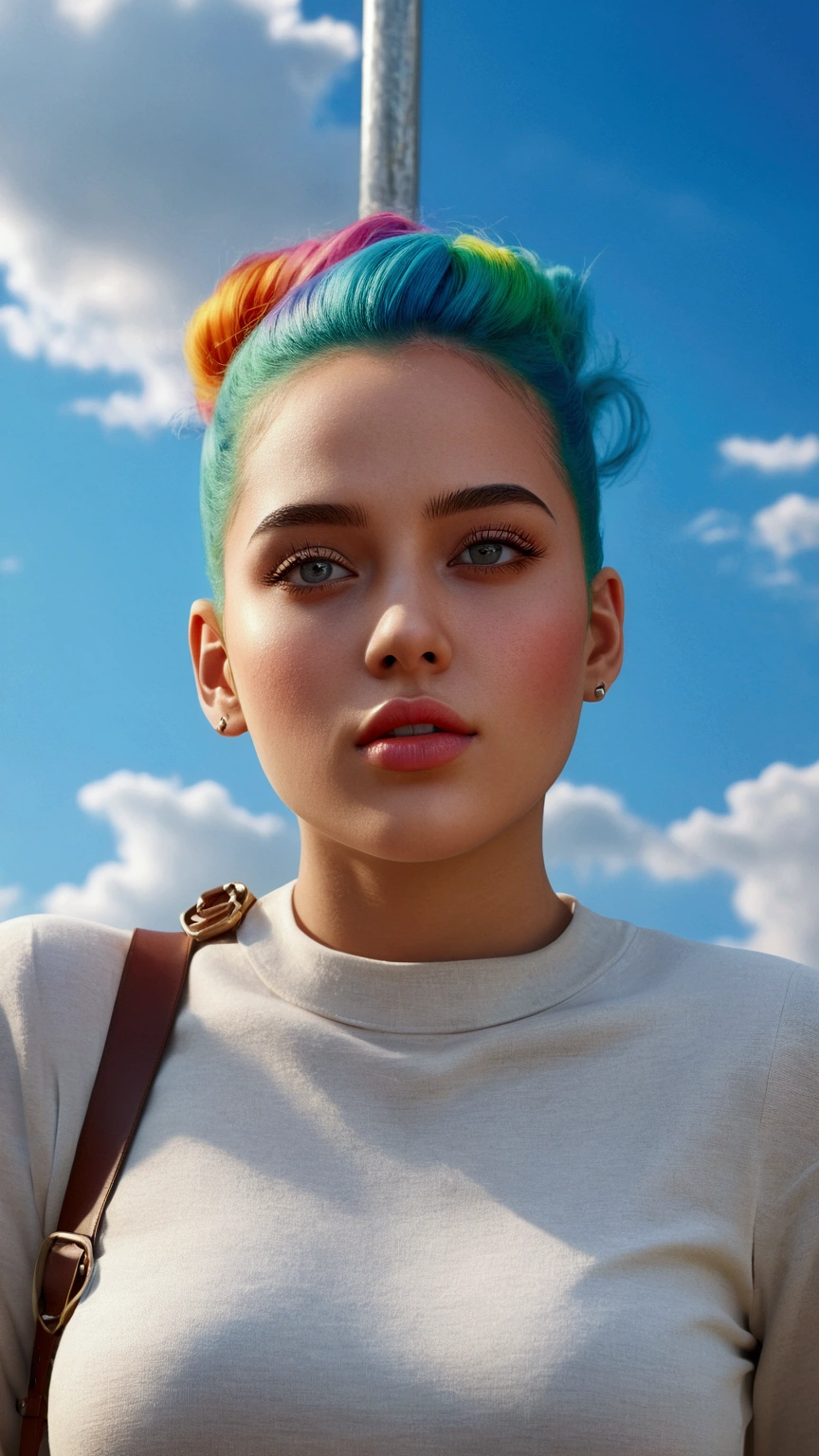 a beautiful girl in a spring outfit, colorful hair, outdoors, detailed face, beautiful eyes, detailed lips, delicate skin, detailed clothing, detailed background, detailed clouds, beautiful lighting, (best quality,4k,8k,highres,masterpiece:1.2),ultra-detailed,(realistic,photorealistic,photo-realistic:1.37),vibrant colors,soft lighting,dynamic composition