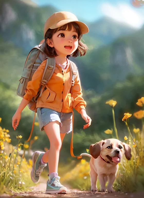 Prompt: An incredibly charming carrying a backpack, accompanied by her adorable puppy, enjoying a lovely spring outing surrounded by beautiful yellow flowers and natural scenery. The illustration is in high definition at 4k resolution, with highly-detailed facial features and cartoon-style visuals.