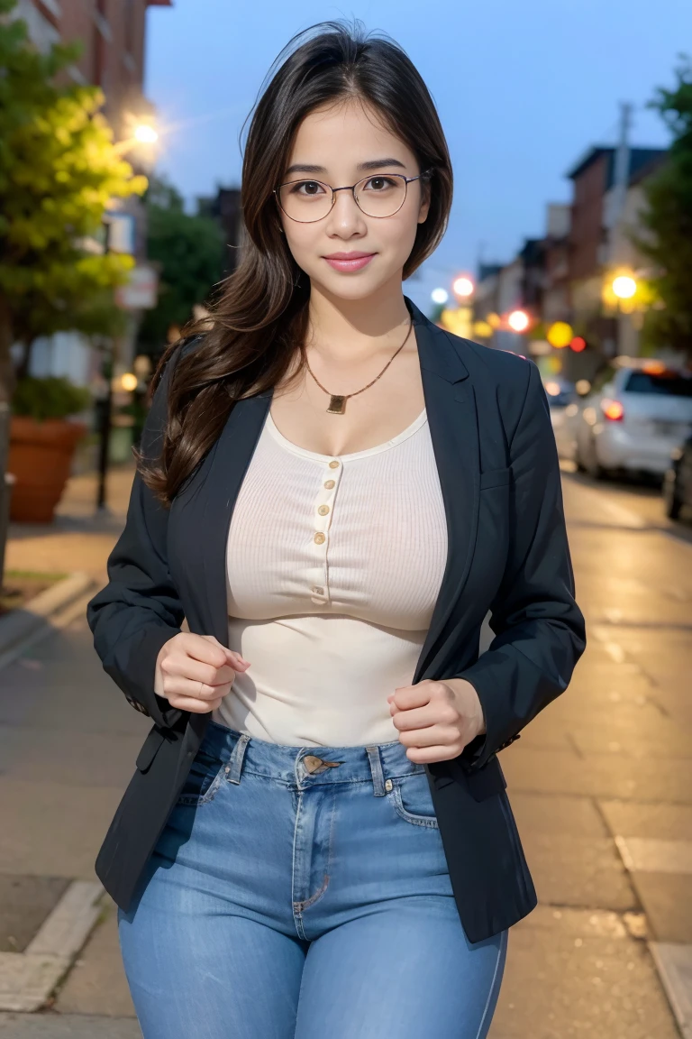 1girl chubby, long hair, looking at viewer, smile, black collar jacket, very thin white shirt seeing silhouette of her large breast, black hair, navel, white tube, brown eyes, large jewelry, standing, glasses, unbutton pants, large necklace, mole, multiple views, buttons, ring, denim, large black-framed eyewear, mole on breast, jeans, realistic, background at the night with city light