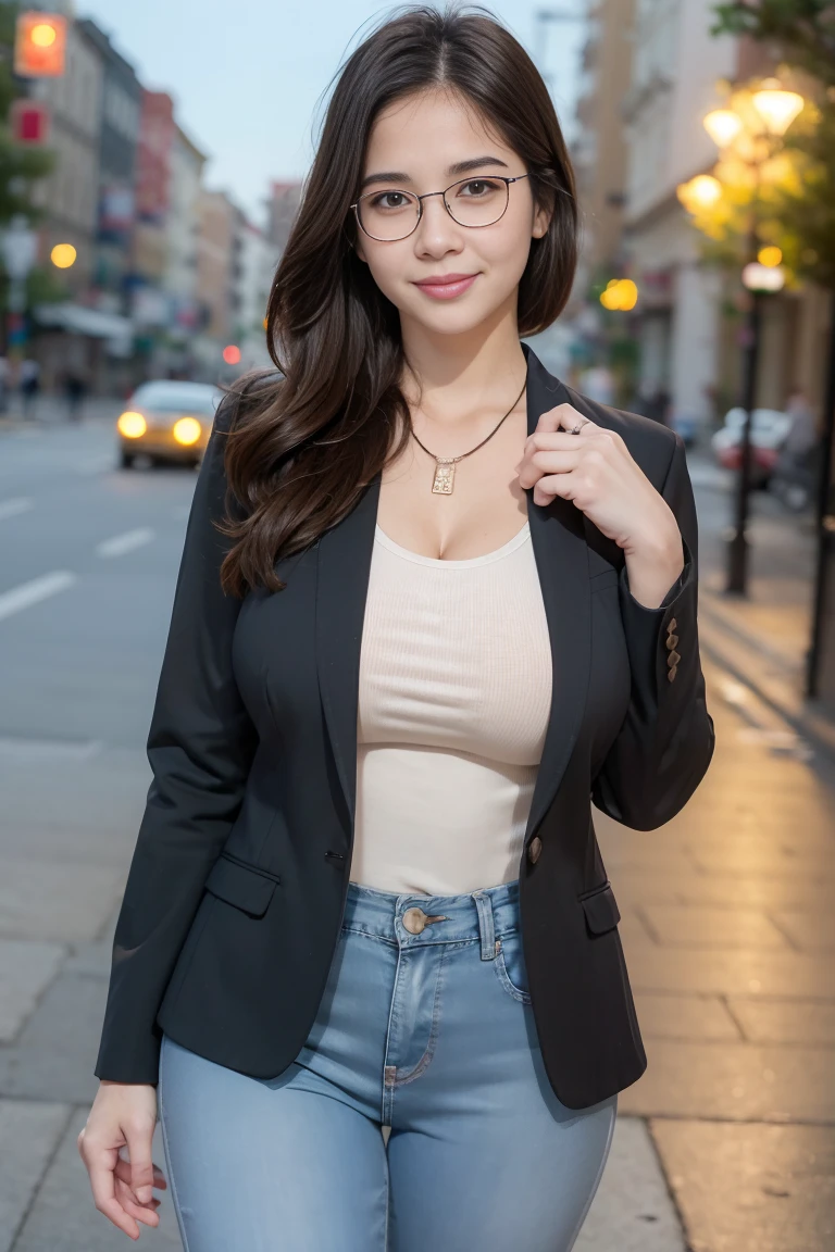 1girl chubby, long hair, looking at viewer, smile, black collar jacket, very thin white shirt seeing silhouette of her large breast, black hair, navel, white tube, brown eyes, large jewelry, standing, glasses, unbutton pants, large necklace, mole, multiple views, buttons, ring, denim, large black-framed eyewear, mole on breast, jeans, realistic, background at the night with city light