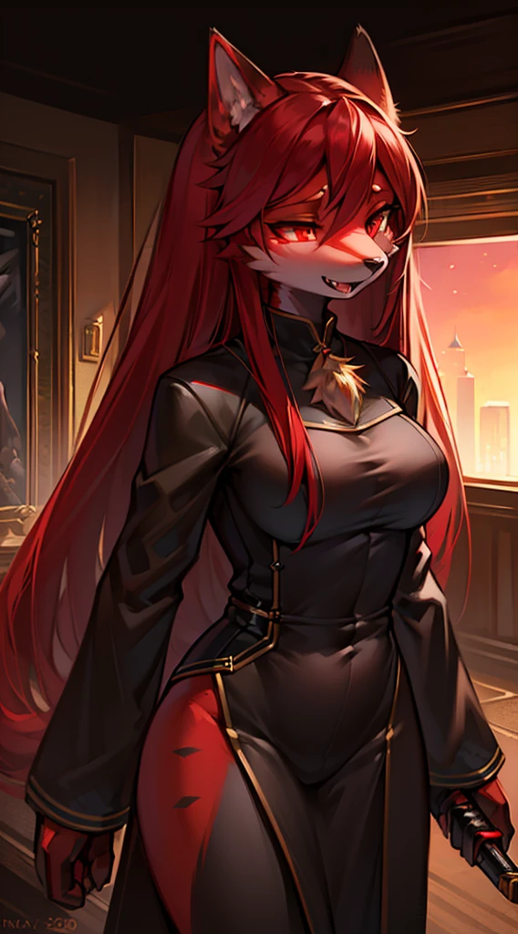 a black and red wolf female,furry with gold markings,long red hair,fangs,red eyes,attractive,seductive look,anthro,wearing sleek form fitting black suit with assassin knife,panting, best quality,4k,8k,highres,masterpiece:1.2,ultra-detailed,realistic,photorealistic,photo-realistic:1.37,HDR,UHD,studio lighting,ultra-fine painting,sharp focus,physically-based rendering,extreme detail description,professional,vivid colors,bokeh,digital painting,concept art