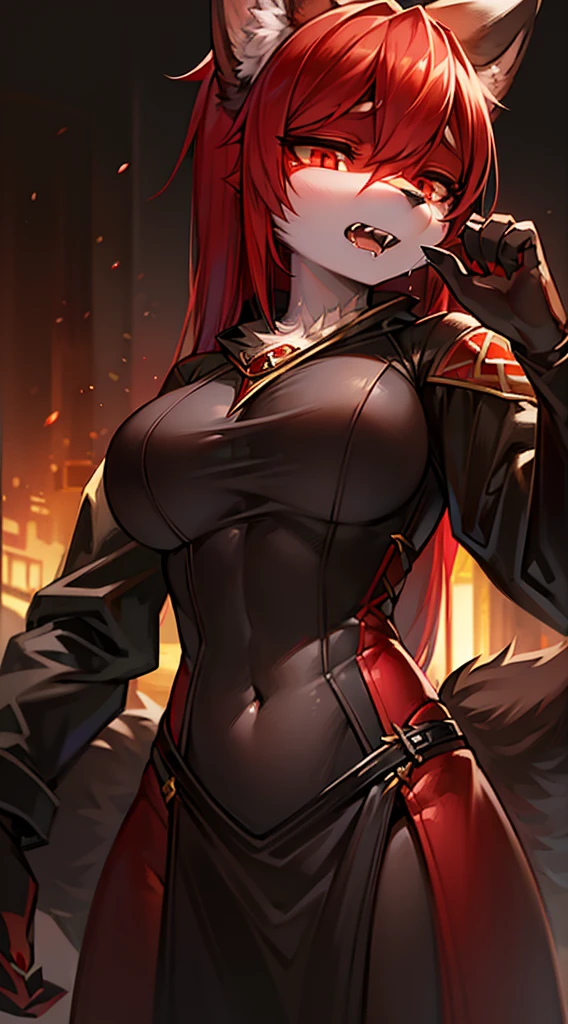 a black and red wolf female,furry with gold markings,long red hair,fangs,red eyes,attractive,seductive look,anthro,wearing sleek form fitting black suit with assassin knife,panting, best quality,4k,8k,highres,masterpiece:1.2,ultra-detailed,realistic,photorealistic,photo-realistic:1.37,HDR,UHD,studio lighting,ultra-fine painting,sharp focus,physically-based rendering,extreme detail description,professional,vivid colors,bokeh,digital painting,concept art