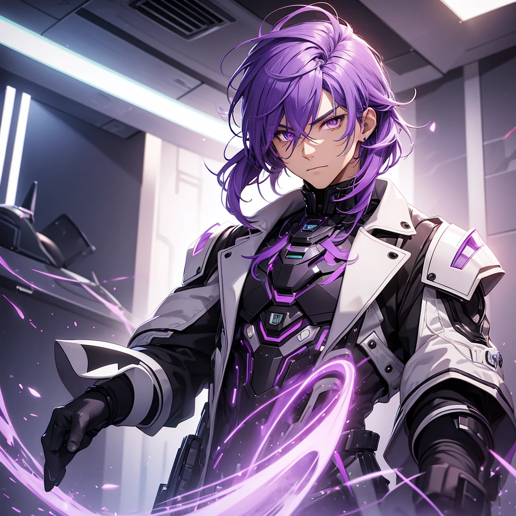 make a man with purple hair. he must have orange eyes and be in a futuristic setting