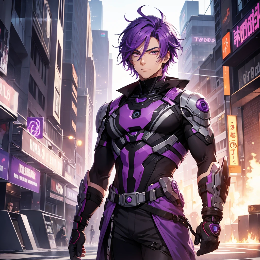make a man with purple hair. he must have orange eyes and be in a futuristic setting