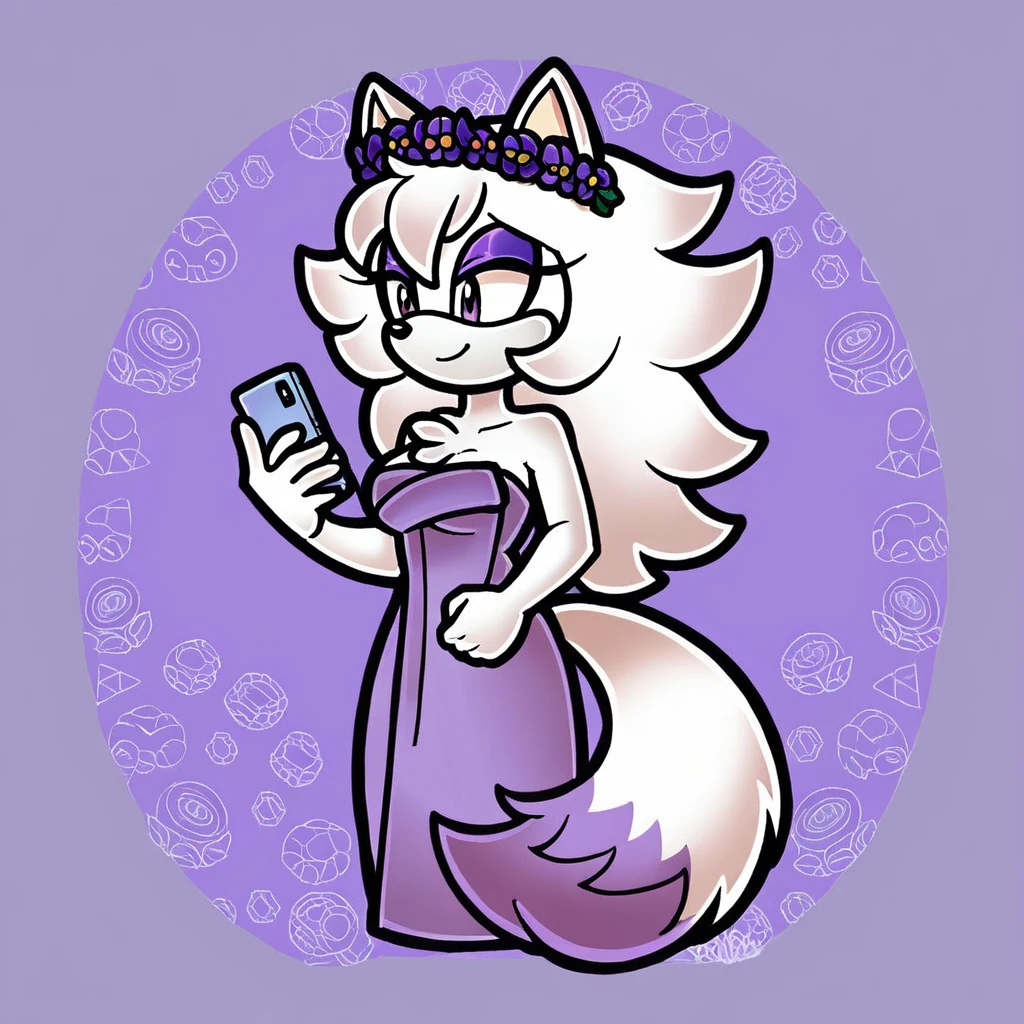 (score_9, score_8_up, 2d), sonic (series), anthro wolf girl, female, athletic body, white hair, fluffy hair, white body fur, chest fluff, long tail, fluffy tail, white muzzle, purple eyes, purple eyeshadow, oval eyes, medium breasts, wrapped in towel, holding phone, purple flower crown, smile.