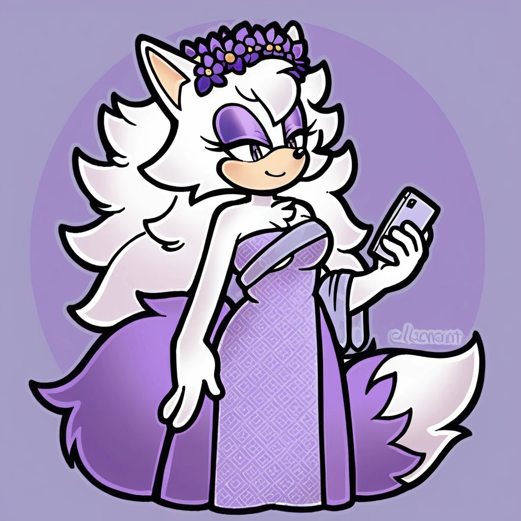 (score_9, score_8_up, 2d), sonic (series), anthro wolf girl, female, athletic body, white hair, fluffy hair, white body fur, chest fluff, long tail, fluffy tail, white muzzle, purple eyes, purple eyeshadow, oval eyes, medium breasts, wrapped in towel, holding phone, purple flower crown, smile.