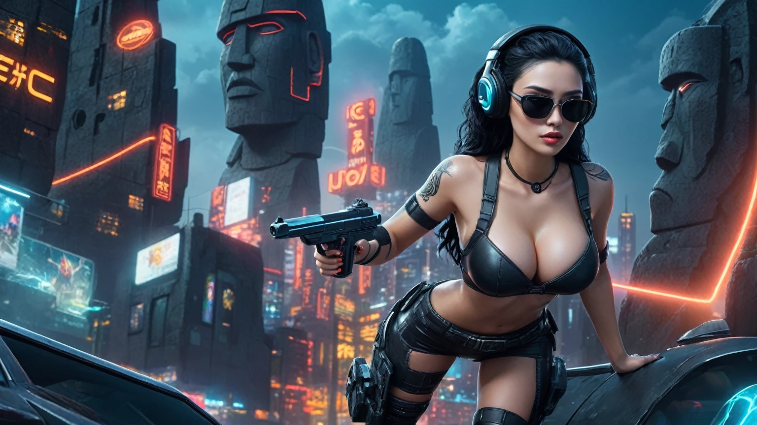 At night, dark sky, distant shot aerial view of fantasy cyberpunk style ice ((Moai-statue)) city, ((flying car)). ((1girl, solo, alone)), medium-:1.1 slim body, cleava clothes, adphone, black sunglasses, long black realistic hair), (((hip-up standing and holding pistol))), half-body thigh level medium shot, cinematic lighting.