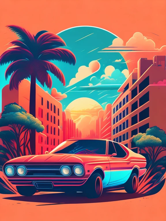 Soon circulate with a car, lush urban landscape, stylized t-shirt design, middle of the journey, vibrant vector art, feito em Adobe Illustration, hidro74.