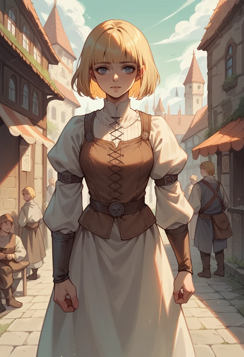 blonde girl,Blunt Bob hair,commoner clothes,medieval city