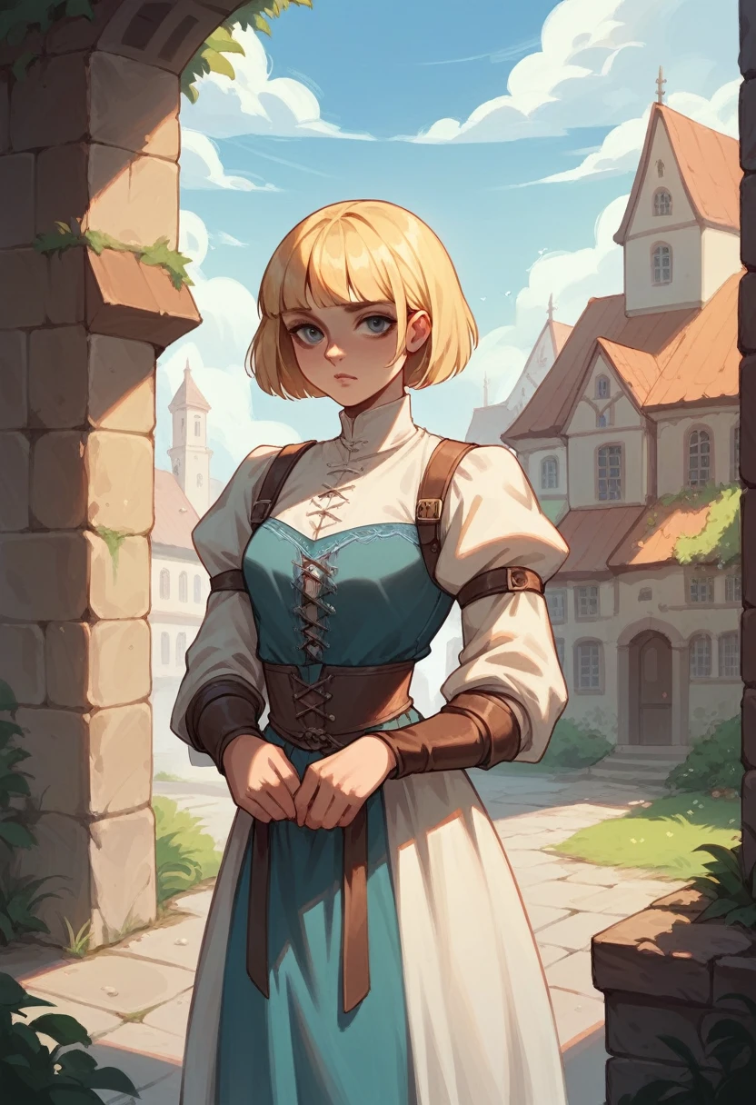 blonde girl,Blunt Bob hair,commoner clothes,medieval city