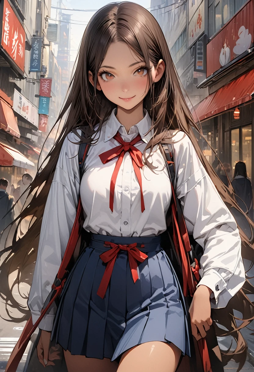 ((masterpiece,Highest quality:1.3,best quality illustration,realistic:1.4)),cowboy shot,独奏,1woman,(20-year-old、Japanese Beauty)、brown hair,long hair,(center parted bangs),brown eyes,gorgeous eyes,((very small head:1.3)),smile,,((very long body:1.2,skinny)),medium breasts,(tan skin:1.3),(Red ribbon tie、White collared shirt、Long sleeve navy blue pleated mini skirt),gleaming skin,toned body,slender body,on street,Shibuya Station、