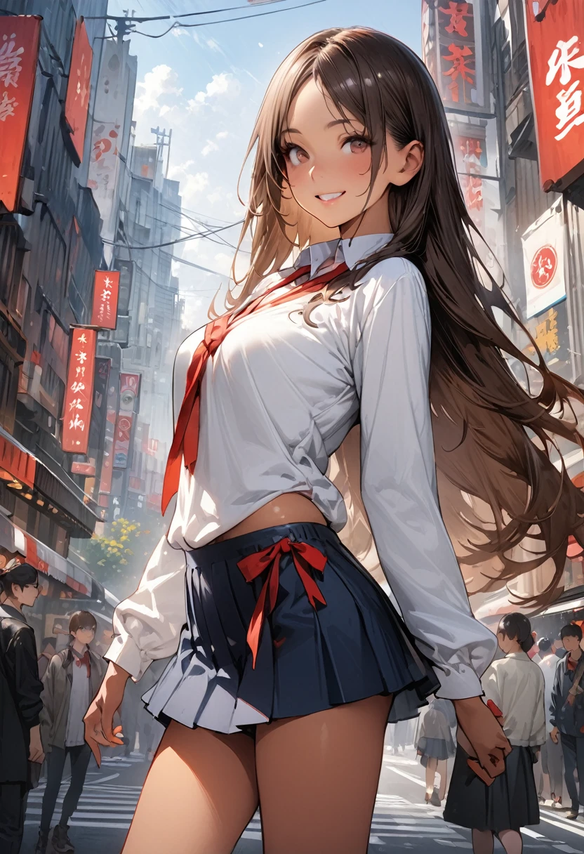 ((masterpiece,Highest quality:1.3,best quality illustration,realistic:1.4)),cowboy shot,独奏,1woman,(20-year-old、Japanese Beauty)、brown hair,long hair,(center parted bangs),brown eyes,gorgeous eyes,((very small head:1.3)),smile,,((very long body:1.2,skinny)),medium breasts,(tan skin:1.3),(Red ribbon tie、White collared shirt、Long sleeve navy blue pleated mini skirt),gleaming skin,toned body,slender body,on street,Shibuya Station、