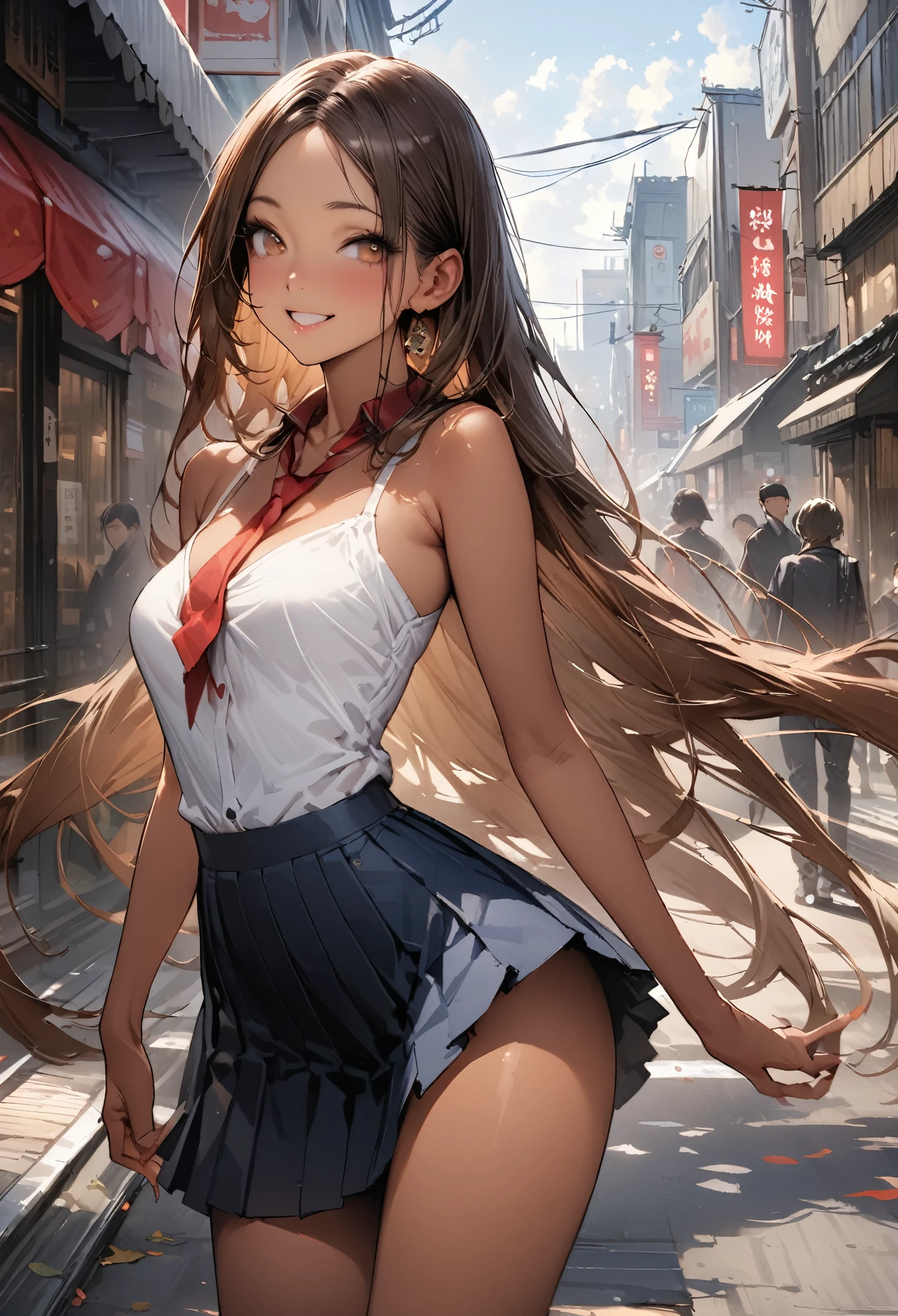 ((masterpiece,Highest quality:1.3,best quality illustration,realistic)),cowboy shot,solo,1woman,(Mature Japan beauties)、brown hair,long hair,center parted bangs,brown eyes,gorgeous eyes,((very small head:1.3)),blush,smile,((very long body:1.2,skinny)),medium breasts,(tan skin:1.4), (gleaming skin,toned body,slender body),sweat,、Black sailor suit、Black pleated mini skirt、on street,Tokyo、