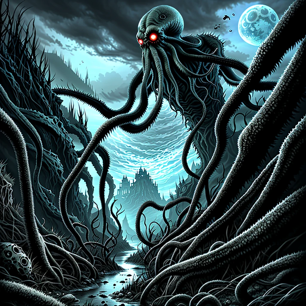 "Crazy evil landscape。Tentacles rise from the abyss,Polluted rivers,Graveyard of Horrors,Blood Red Moon,Hyperrealistic engine,UHD sketch color painting。"