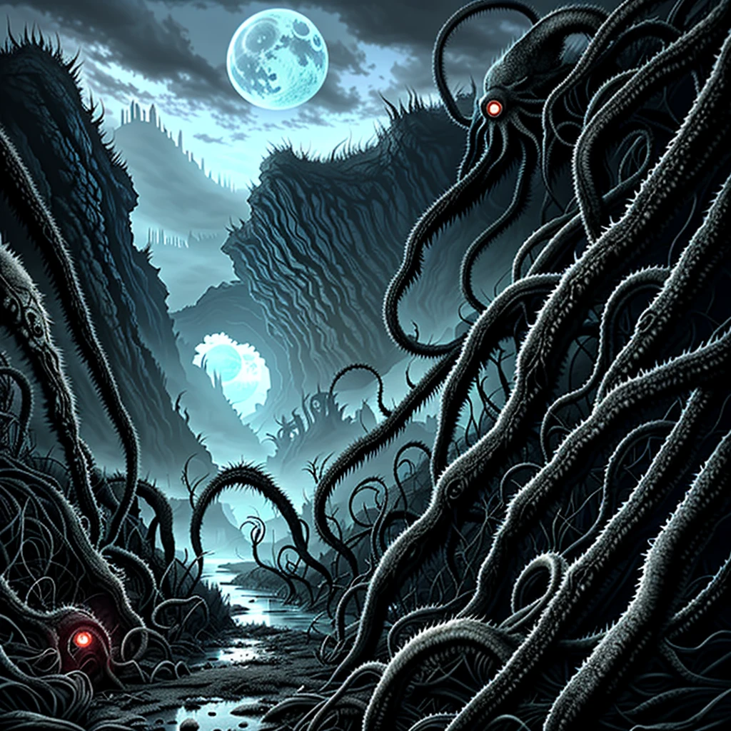"Crazy evil landscape。Tentacles rise from the abyss,Polluted rivers,Graveyard of Horrors,Blood Red Moon,Hyperrealistic engine,UHD sketch color painting。"