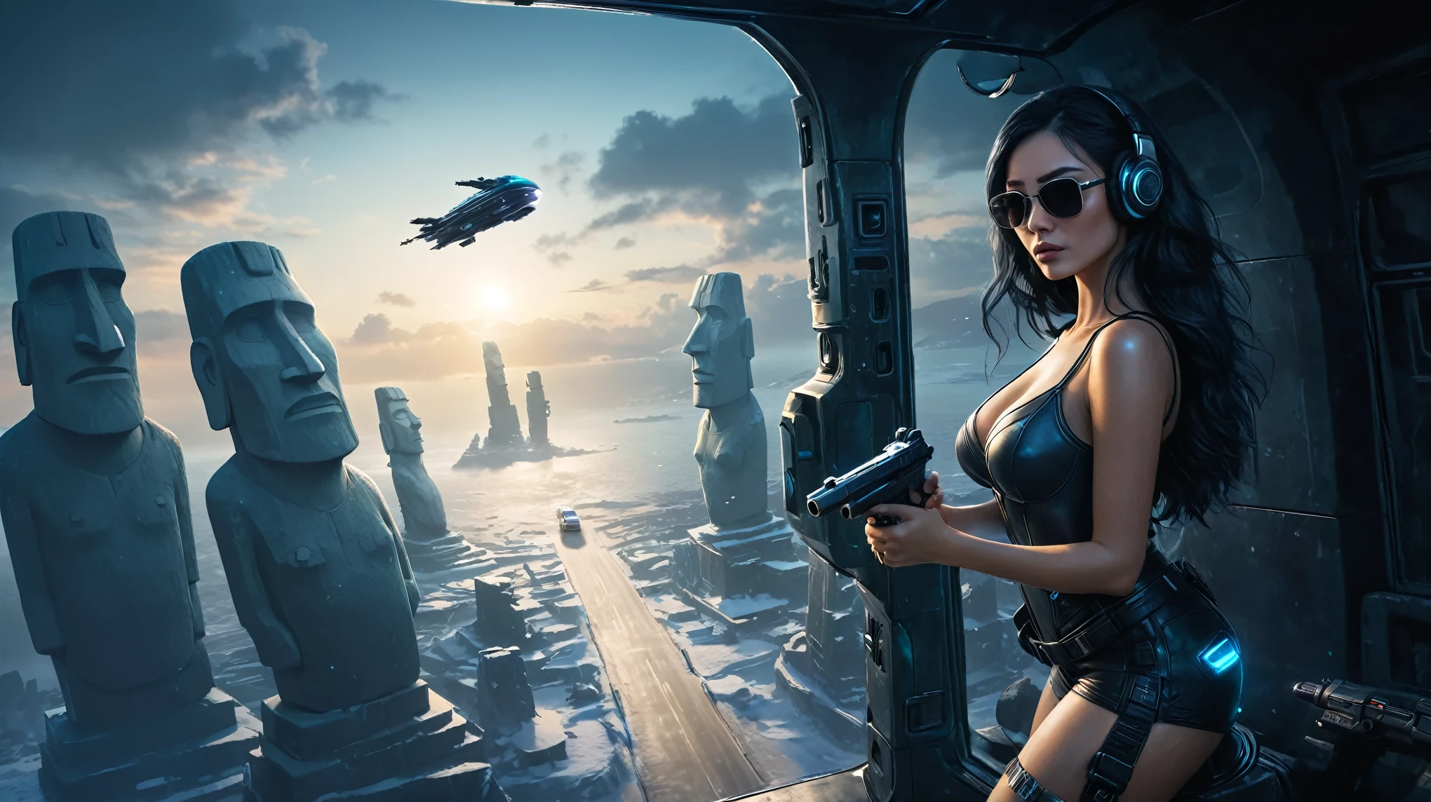 At night, dark sky, distant shot aerial view of fantasy cyberpunk style ice ((Moai-statue)) city, ((flying car)). ((1girl, solo, alone)), medium-breast:1.1 slim body, cleavage, sexy clothes, (headphone, black sunglasses, long black realistic hair), (((hip-up standing and holding pistol))), half-body thigh level medium shot, cinematic lighting.