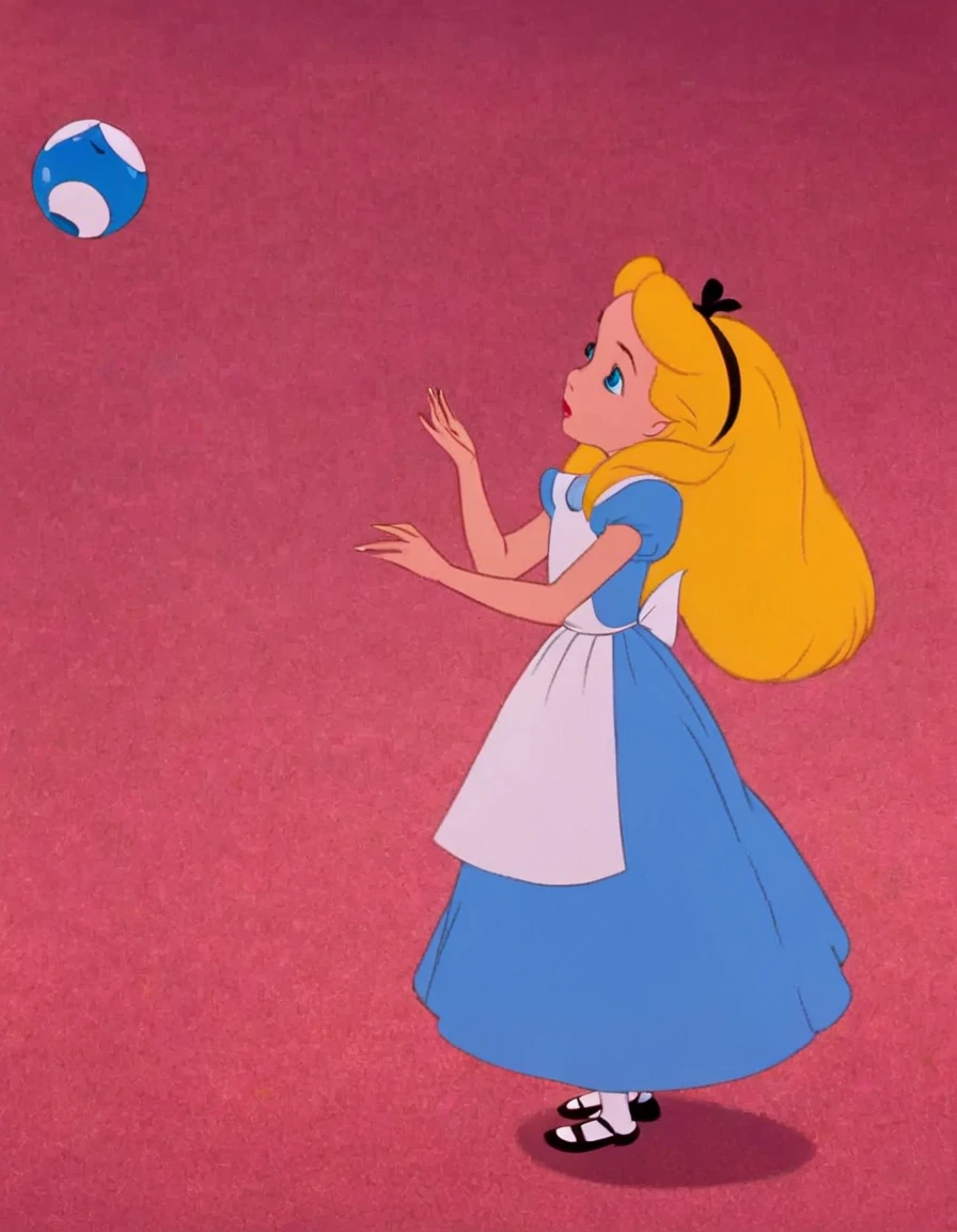 Brother,1 girl,alone,long hair,blue eyes,blonde hair,dress,holding a blue ball,Alice (Alice in wonderland),Disney cartoon,masterpiece,best quality,(intricate details),highly detailed eyes,unique pose,dynamic pose,exaggerated angles and proportion