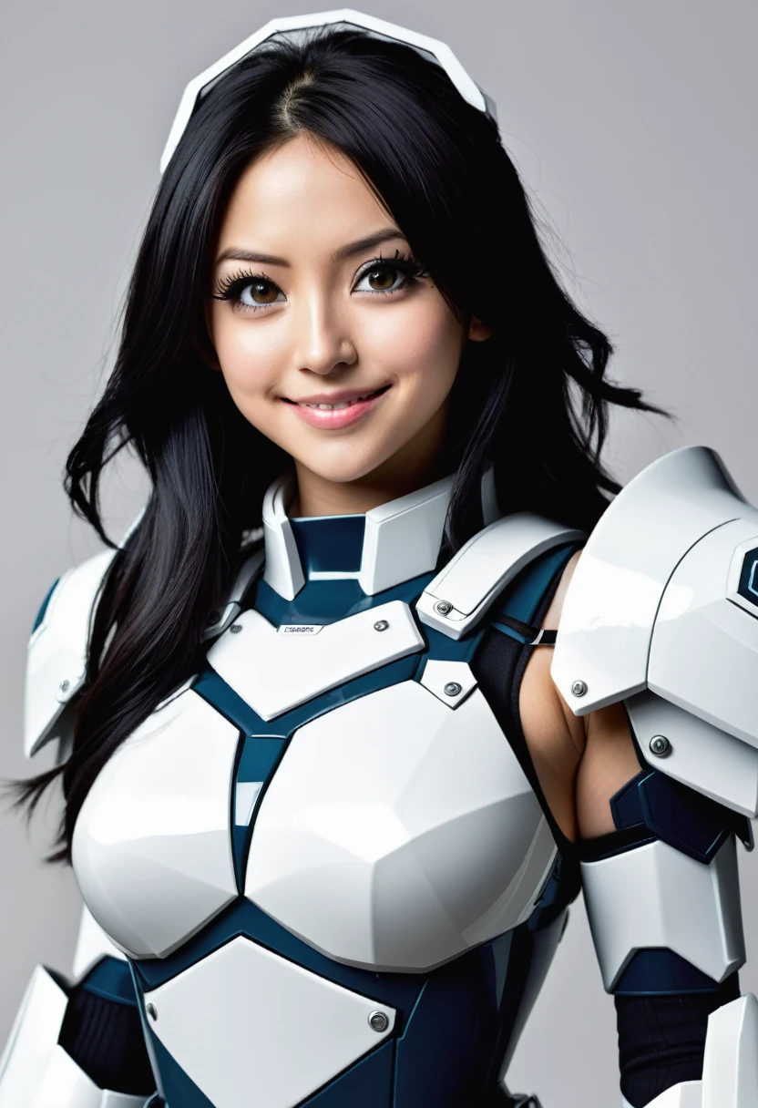 (Upper part of the body), (realist, [cheered up]), (3D:0.3), dramatic lighting, ((Masterpiece)),(quality),(high resolution), void star high lady, [[covered abs]], ((x ray power armor|mono lined|white power armor) mechanical arms), long black hair trimmed, [evil smile], eyeliner, eyelashes, Perfect face, Beautiful nose, detailed student, pretty eyes, detailed eyes, Brown eyes, perfect lips, a pose on the monitor, simple background, [Boku no hero academia], (sets:1) ,  
