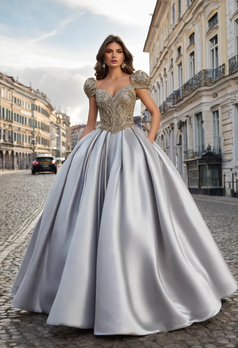 full-length ,dress with a long, puffy skirt, fitted bodice, and crystal embellishments. A combination of velvet and satin fabrics with golden and silver details.