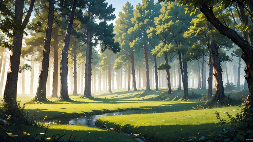 un bosque con arboles gigates, mucha vegetacion, neblina, luciernagas, 16k, highres, best quality, award winning, high quality, super detail, high details, masterpiece