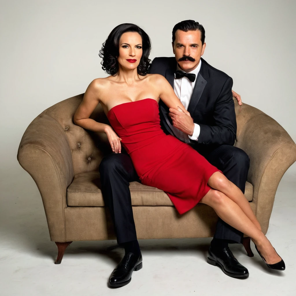 The man in his 45s with black very short hair and smooth face with moustache. The woman in her 45s with brown long wavy hair. The man is dressed in a black suit. The woman is wearing red strapless dress. The man and the woman are sitting on black sofa with legs crossed. Hugging. White background. Studio. Posing for magazine cover. HDR. UHD. Cinematic.