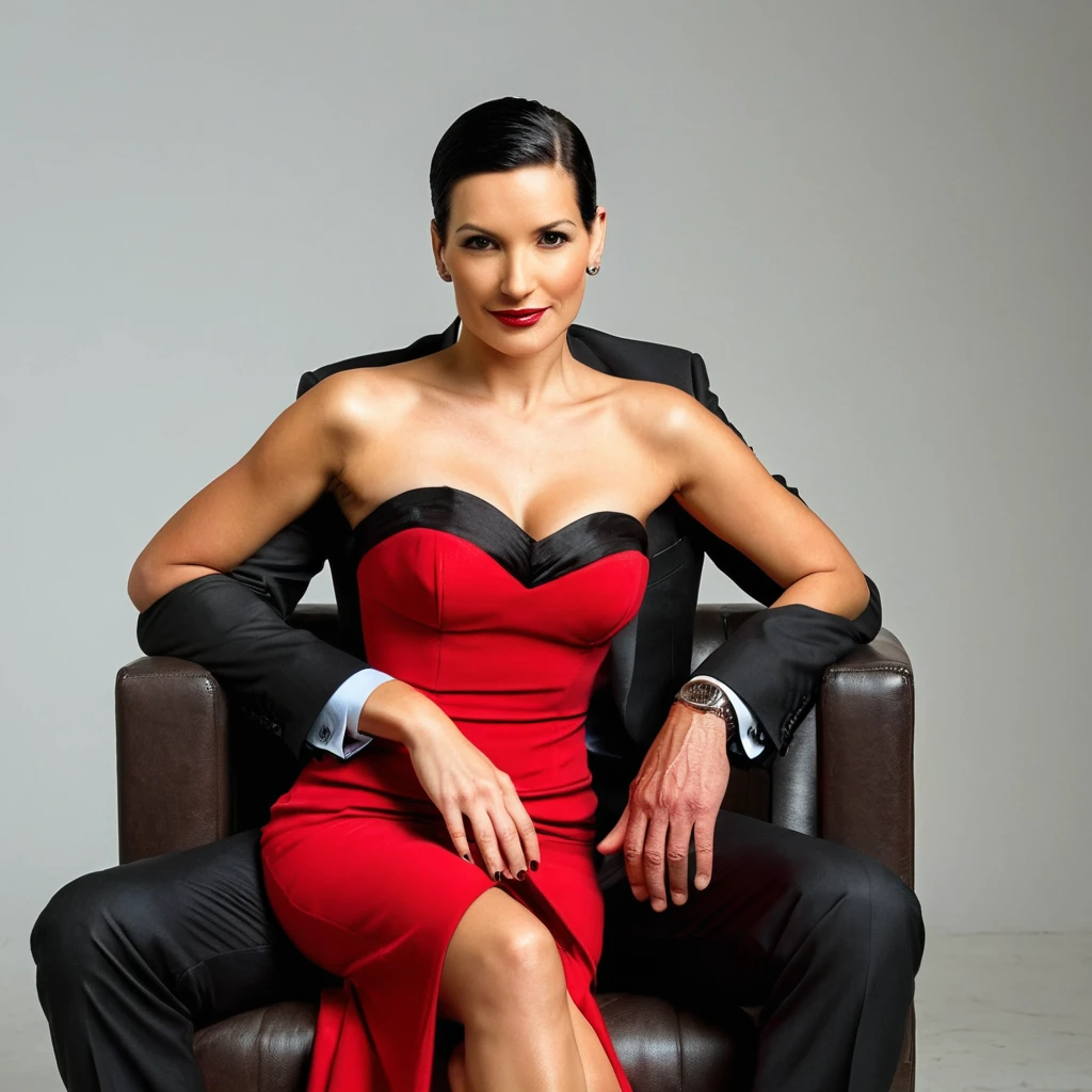The man in his 45s with black very short hair and smooth face with moustache. The woman in her 45s with brown wacy long hair. The man is dressed in a black suit. The woman is wearing red strapless dress. The man is sitting on black sofa. The woman is sitting on the man's lap. White background. Studio. Posing for magazine cover. HDR. UHD. Cinematic.