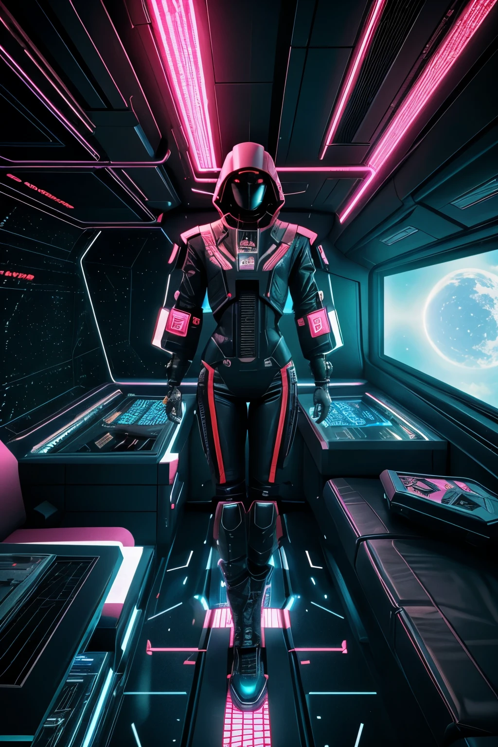 A 3D image shows a spaceship heading into space, featuring a cyberpunk aesthetic and wide scale