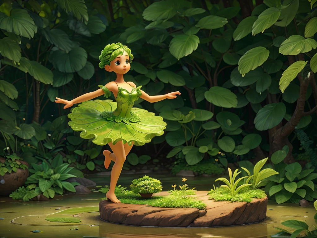 a whimsical miniature figure, crafted from a vibrant medley of green leaves, assumes a lively dancing pose atop a worn, earthy pot, surrounded by a lush forest scene awash in the soft, misty glow of rain-kissed greens and blues, evoking a sense of mythical wonder and serenity, with delicate, intricate leaf veins resembling delicate brushstrokes, as tendrils of foliage swirl around the figure, blurring the lines between dancer and environment, against a backdrop of gentle, glistening raindrops.