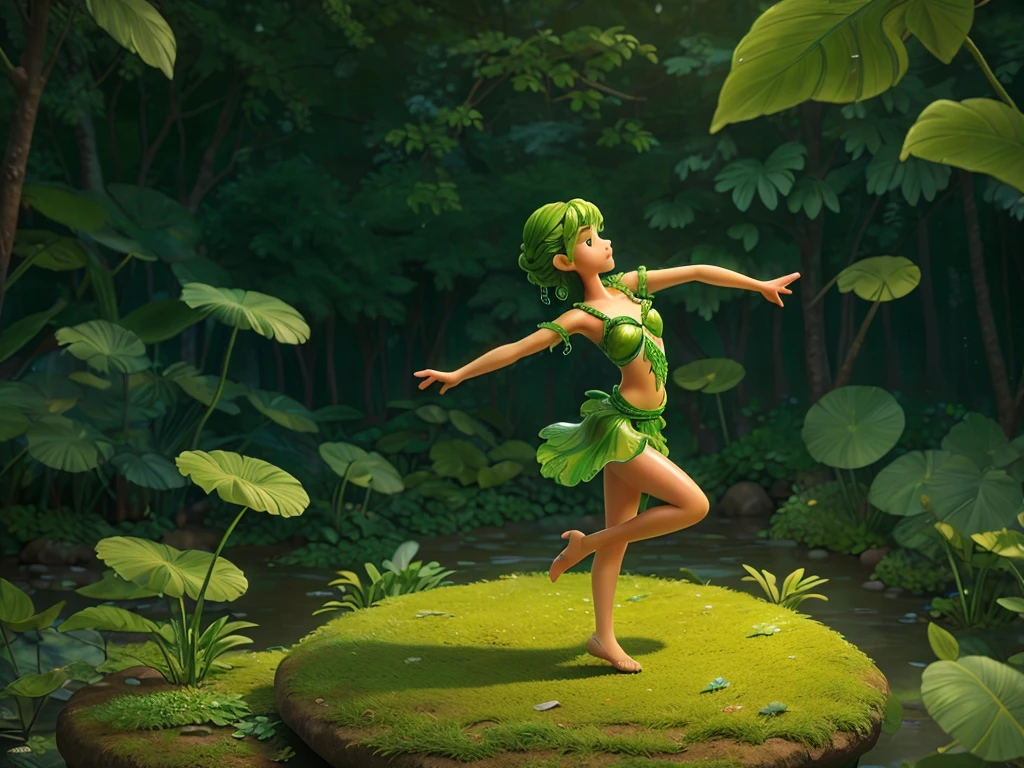 a whimsical miniature figure, crafted from a vibrant medley of green leaves, assumes a lively dancing pose atop a worn, earthy pot, surrounded by a lush forest scene awash in the soft, misty glow of rain-kissed greens and blues, evoking a sense of mythical wonder and serenity, with delicate, intricate leaf veins resembling delicate brushstrokes, as tendrils of foliage swirl around the figure, blurring the lines between dancer and environment, against a backdrop of gentle, glistening raindrops.
