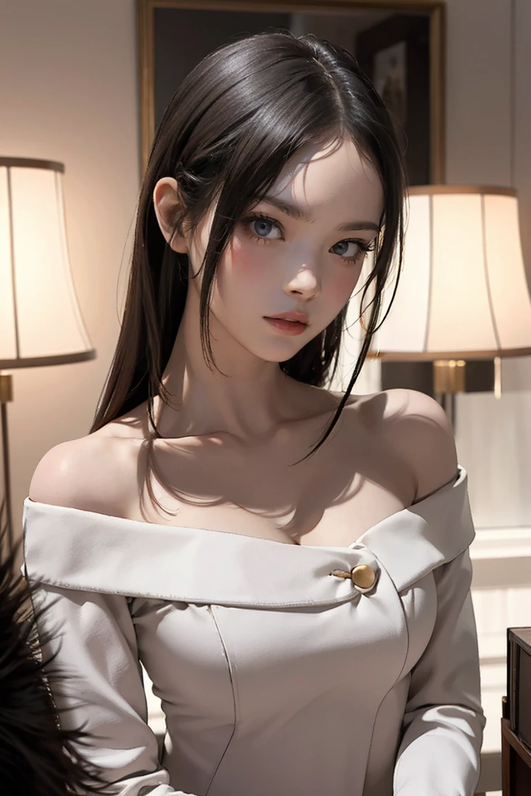 masterpiece, Warm color palette，Light of the sun，Light art，(High detail:1 1), insufficient々しいface, Gray Hair，Off-the-shoulder clothing，Large Breasts，Natural Skin, high quality, Browsing Caution, Beautiful Eyes, (詳細なfaceと目), (face: 1 2), noise,Extra, Actual photo shoot, .PSD, Lamp Film Photo, Sharp focus, Contrast lighting, Delicate skin, 高解像度8K, Very detailed, Realistically, Professional photography, 8K