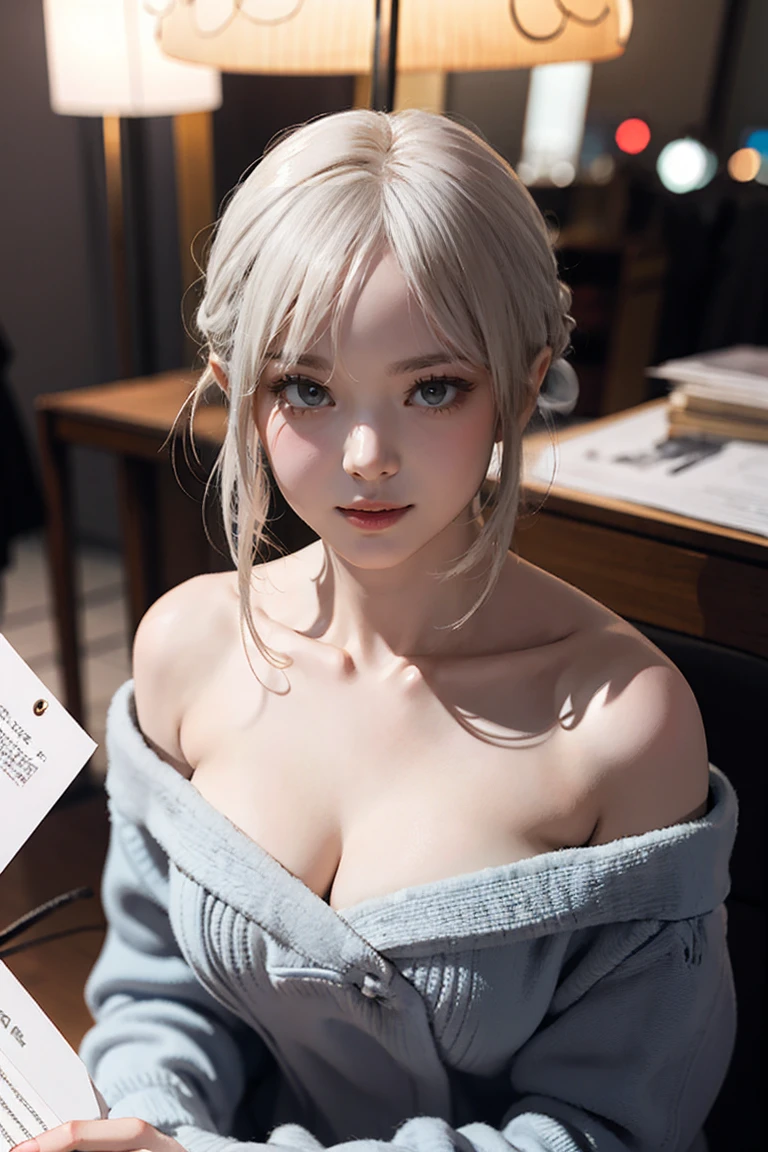 masterpiece, Warm color palette，Light of the sun，Light art，(High detail:1 1), insufficient々しいface, Gray Hair，Off-the-shoulder clothing，Large Breasts，Natural Skin, high quality, Browsing Caution, Beautiful Eyes, (詳細なfaceと目), (face: 1 2), noise,Extra, Actual photo shoot, .PSD, Lamp Film Photo, Sharp focus, Contrast lighting, Delicate skin, 高解像度8K, Very detailed, Realistically, Professional photography, 8K