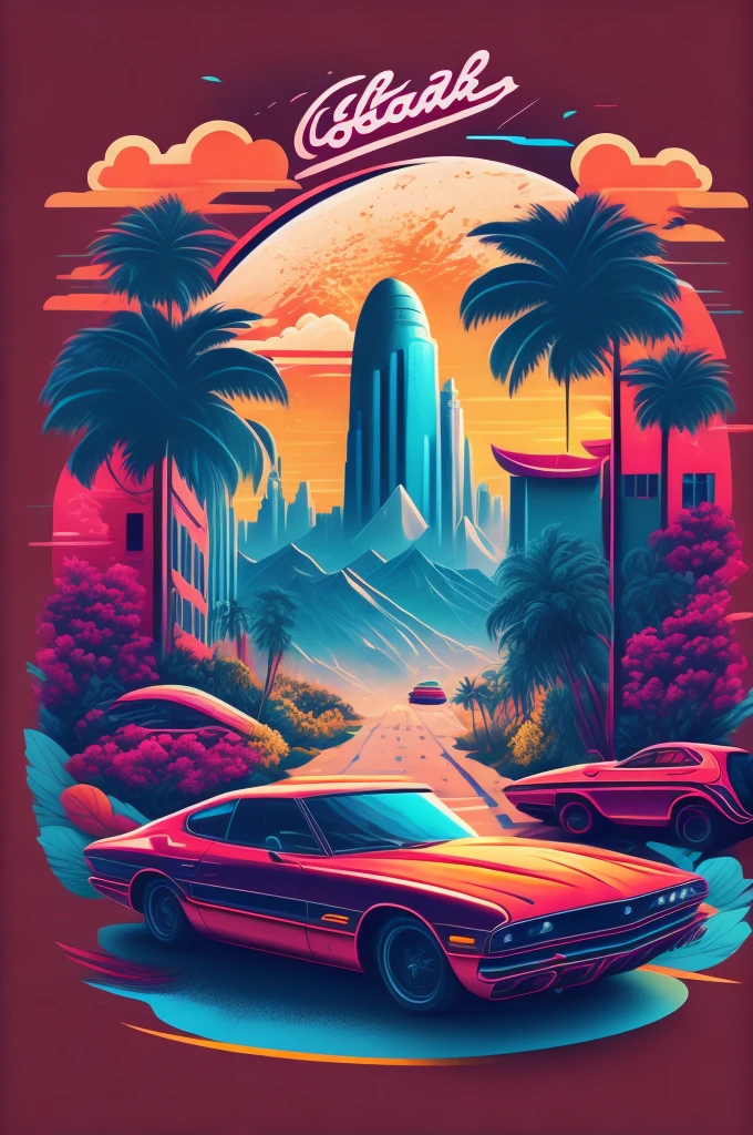 Soon circulate with a car, lush urban landscape, stylized t-shirt design, middle of the journey, vibrant vector art, feito em  Adobe Illustration, hidro74. Remover background. 