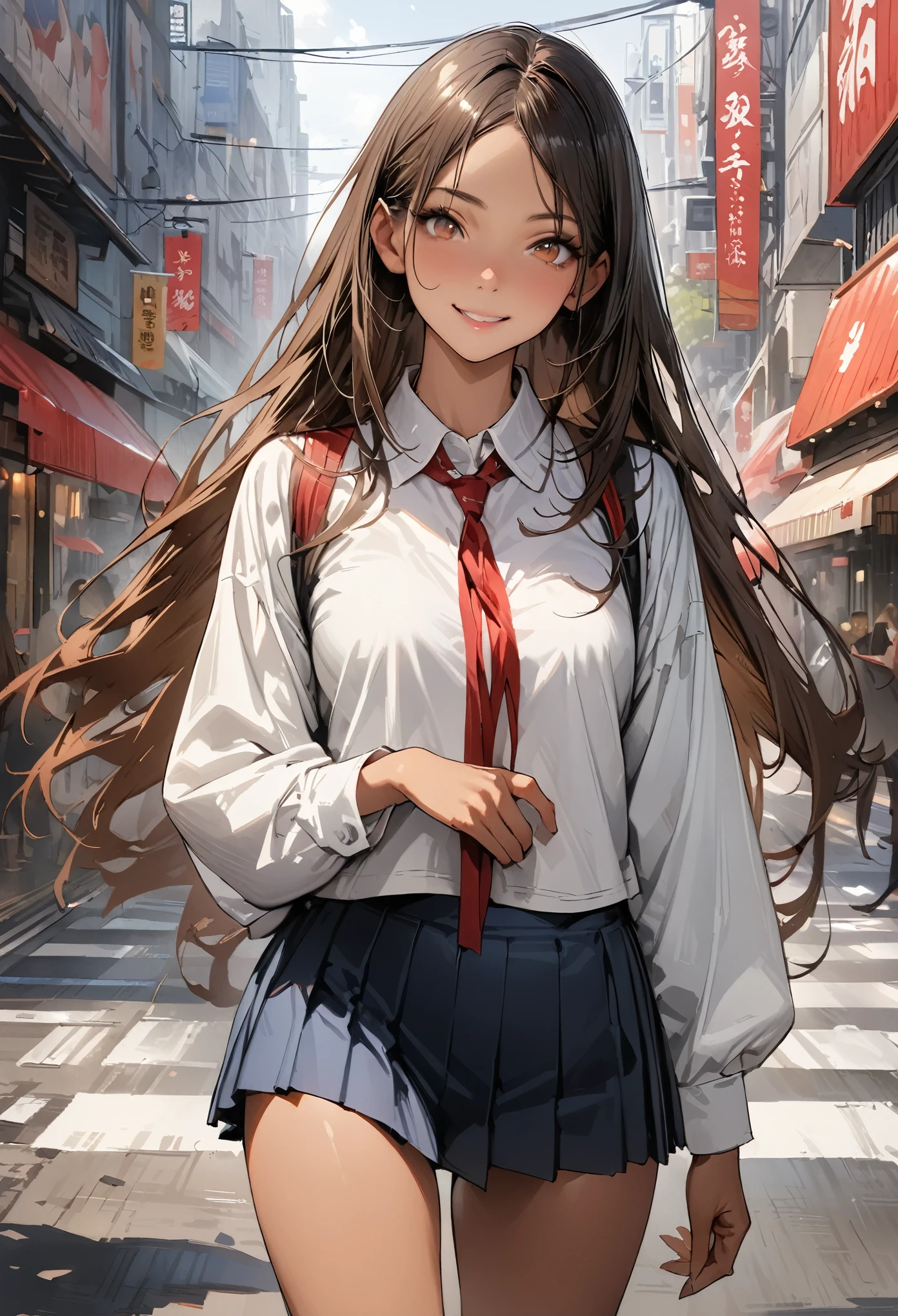 ((masterpiece,Highest quality:1.3,best quality illustration,realistic:1.4)),cowboy shot,独奏,1woman,(20-year-old、Japanese Beauty)、brown hair,long hair,(center parted bangs),brown eyes,gorgeous eyes,((very small head:1.3)),smile,,((very long body:1.2,skinny)),medium breasts,(tan skin:1.3),(Red ribbon tie、White collared shirt、Long sleeve navy blue pleated mini skirt),gleaming skin,toned body,slender body,on street,Shibuya Station、