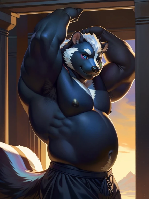 solo, anthro, furry, furry male, skunk,((short fur,furry, smooth fur)), (skunk white print, white sideburns), black pupils, white sclera, black body, black fur, indigo eye, tail, detailed fur, detailed face, detailed eyes, bare chest, (bedlah clothes, veil), ancient temple, (by null-ghost,by raccoon21, masterpiece, high quality, hi-res, 8k, hd, half-light), standing,close-view portrait, looking at viewer, night, indoors, gentle expression, seductive, Dancing, musclegut skunk man, jet black fur, black nipples, mid 30s, relaxed, lazy, nude,