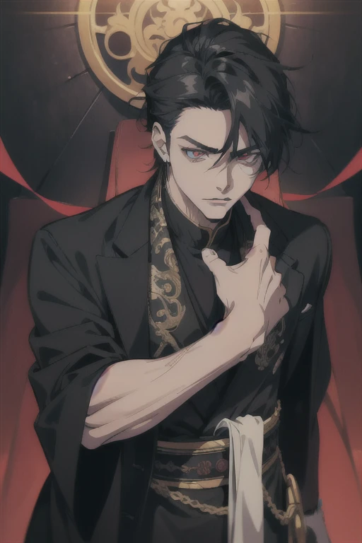 anime - style image of a man in a black jacket, handsome guy in demon slayer art, anime lush john 8k woods, male anime style, handsome japanese demon boy, beautiful androgynous prince, anime handsome man, anime portrait of a handsome man, male anime character, badass anime 8 k, artwork in the style of guweiz, red eyes, mad face, beautiful eye, black long hair, tenn boy, one boy, rose tatto on neck, best eyes, qualit eyes, Johnny Depp concept