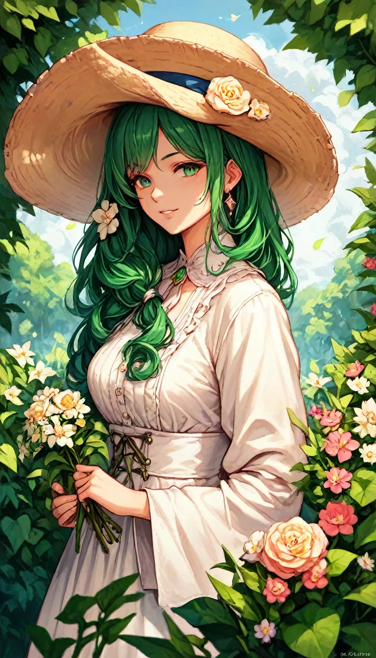 Anime style a woman with black and green hair with green eye in a flower garden with a dress and a hat holding a flower