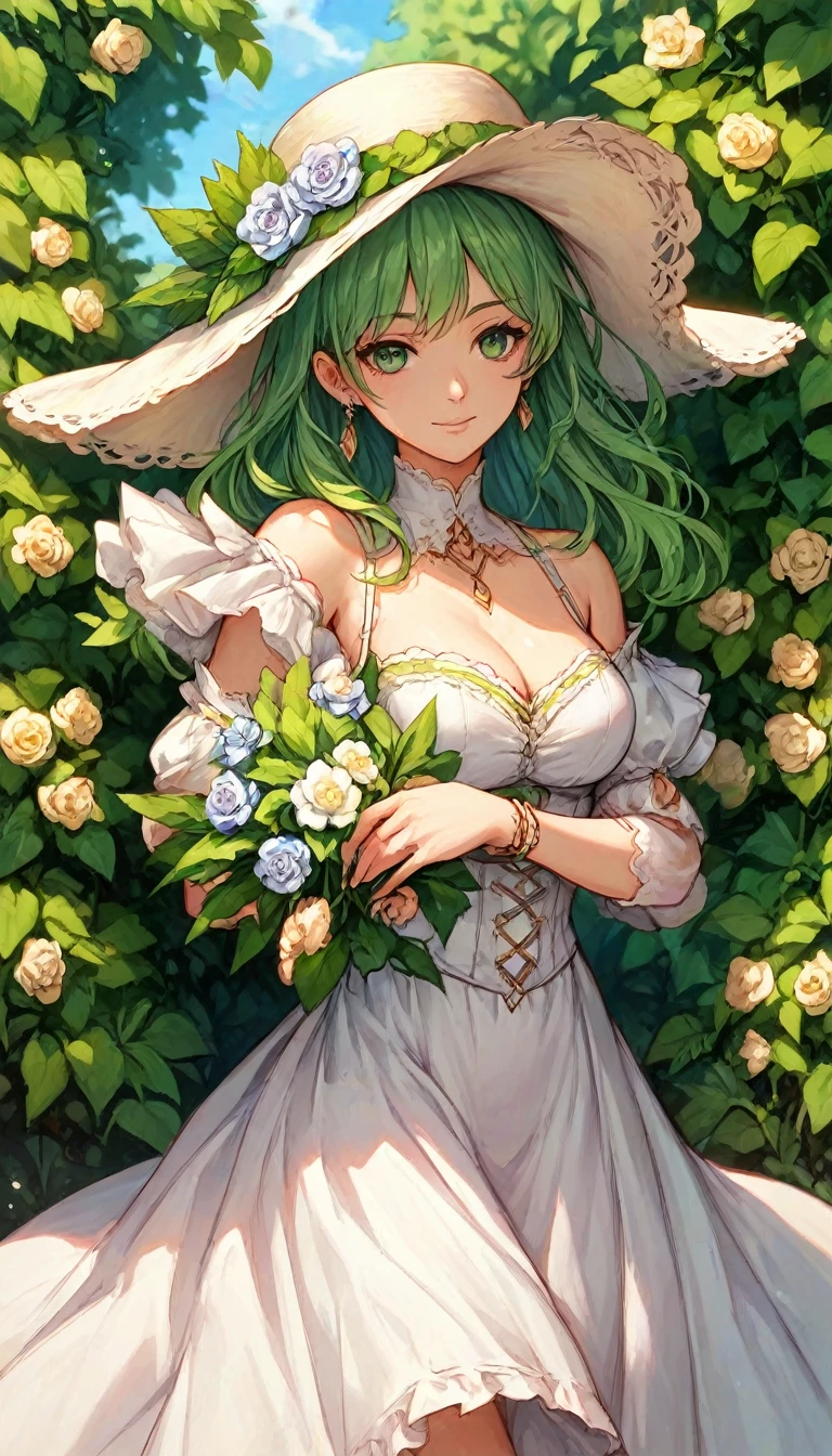 Anime style a woman with black and green hair with green eye in a flower garden with a dress and a hat holding a flower
