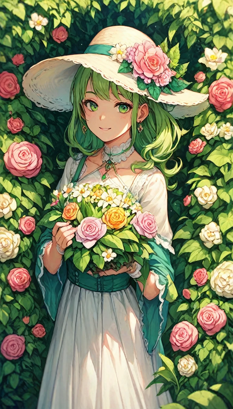 Anime style a woman with black and green hair with green eye in a flower garden with a dress and a hat holding a flower