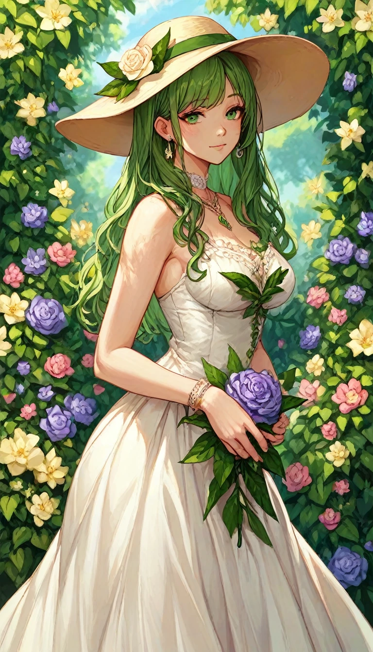 Anime style a woman with black and green hair with green eye in a flower garden with a dress and a hat holding a flower