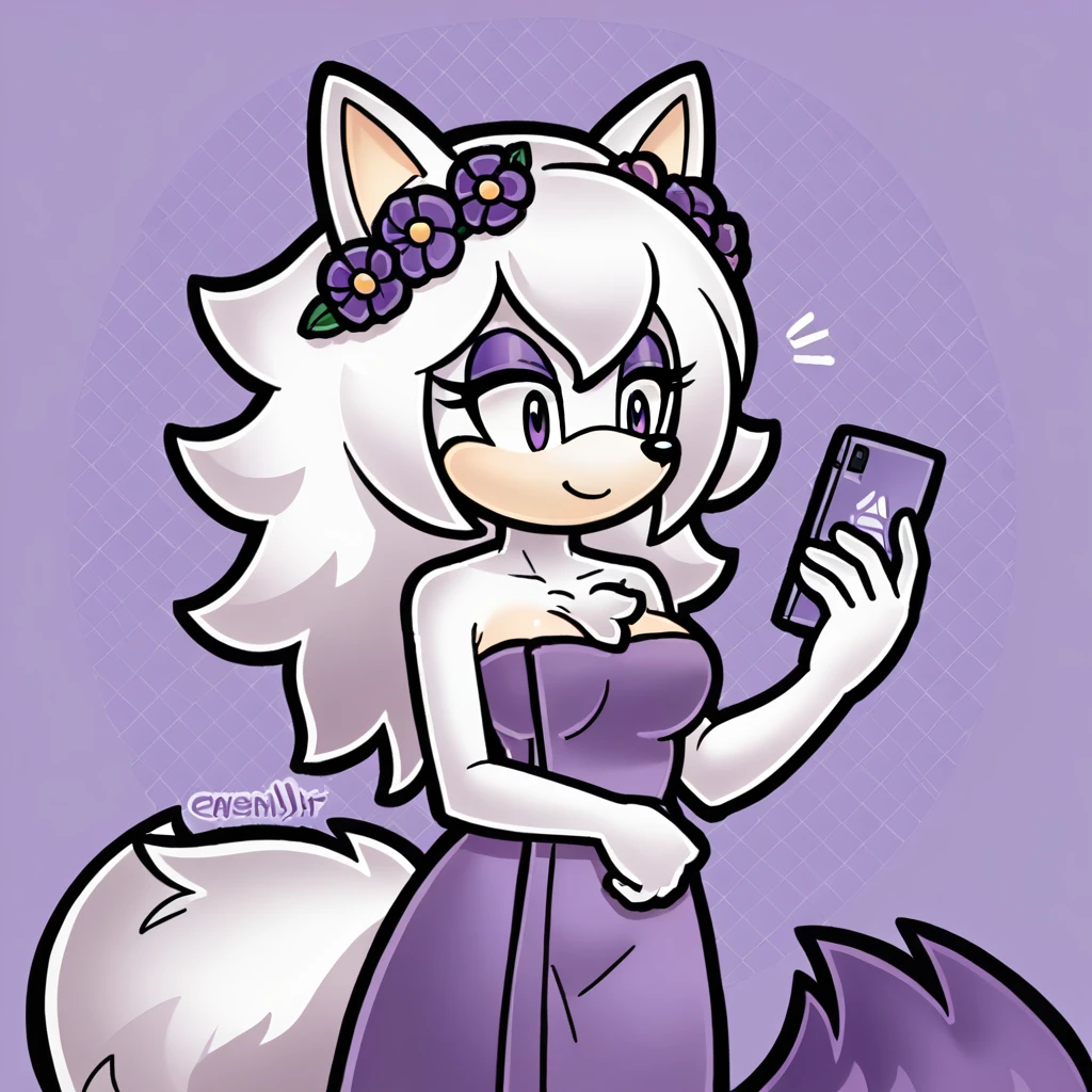(score_9, score_8_up, 2d), sonic (series), anthro wolf girl, female, athletic body, white hair, fluffy hair, white body fur, chest fluff, long tail, fluffy tail, white muzzle, purple eyes, purple eyeshadow, oval eyes, medium breasts, wrapped in towel, holding phone, purple flower crown, smile.