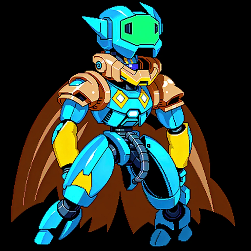 Medabot, gundam, A mecha robot. A robot, pixel image of a blue and yellow robot with a green helmet, crow in cyber armour, varguyart style, alien space knight, male robotic anthro orca, shovel knight as daft punk, clothed in cyber armour