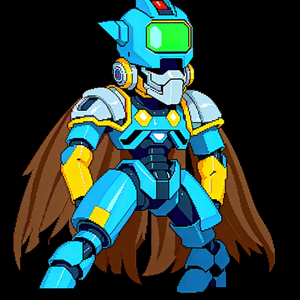 Medabot, gundam, A mecha robot. A robot, pixel image of a blue and yellow robot with a green helmet, crow in cyber armour, varguyart style, alien space knight, male robotic anthro orca, shovel knight as daft punk, clothed in cyber armour