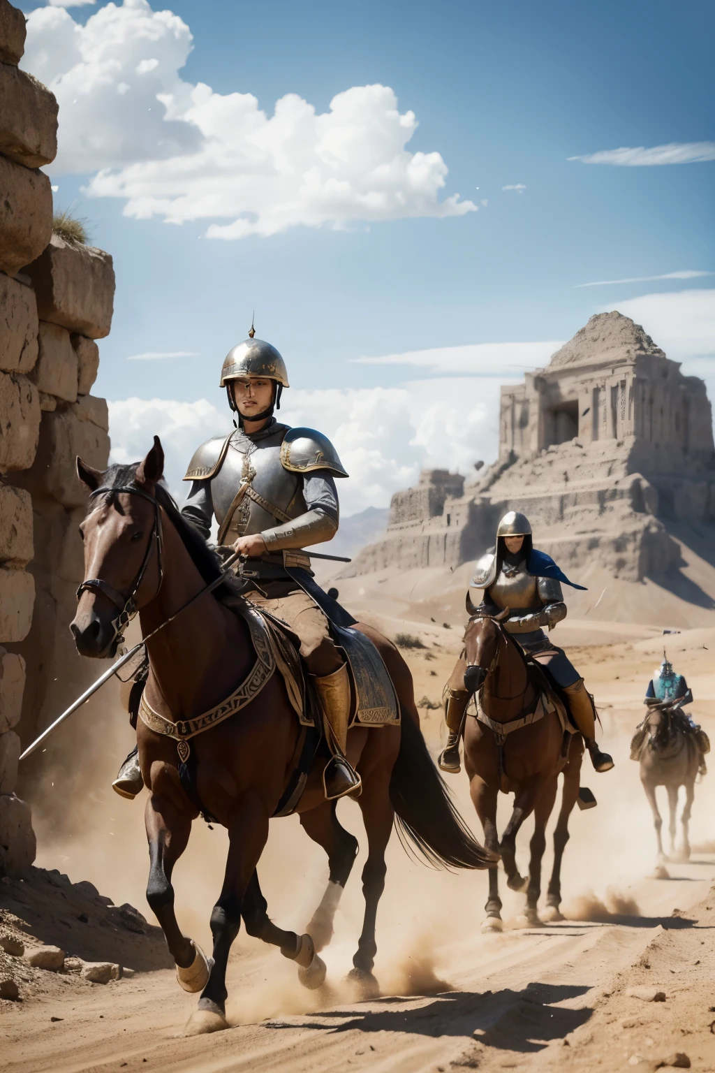 Produce a realistic 3D image that depicts a historical scene from Israel during the period of the Judges. The image must include:
Environment: A desert setting with mountains in the background, small villages with tents and stone houses. The sky must be detailed, with heavy clouds and light that conveys an epic atmosphere.
Army of Israel: Israelite warriors in simple armor, tunics and helmets, wielding swords, shields and spears. Some must be riding horses, others on foot, with expressions of determination and courage visible on their faces.
Canaanite Army: Canaanite soldiers with elaborate armor, including decorated shields, swords, and spears. Include details such as ornamental patterns on armor and horse-drawn chariots, highlighting your military power.
Battle: A dynamic scene of confrontation between armies, with fluid and realistic movements. Add effects like dust being kicked up by the movement of soldiers, metal sparks colliding during combat, and facial expressions that convey tension and determination.
Cultural Details: Integrate cultural elements such as flags or banners with symbols representing each army. Also include typical objects from the time, such as ceramics, ancient weapons and other accessories that enrich the historical context of the scene.
The image must be realistic and detailed, faithfully capturing the essence of a historic land and an epic military confrontation during biblical times.
