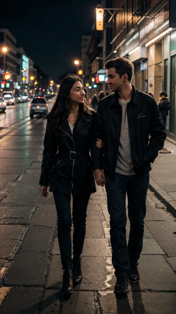 a couple walking on the street in a city at night, many lights from the city
