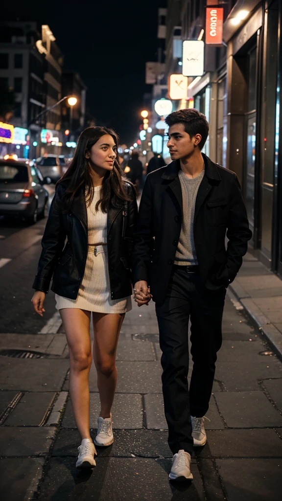 a couple walking on the street in a city at night, many lights from the city