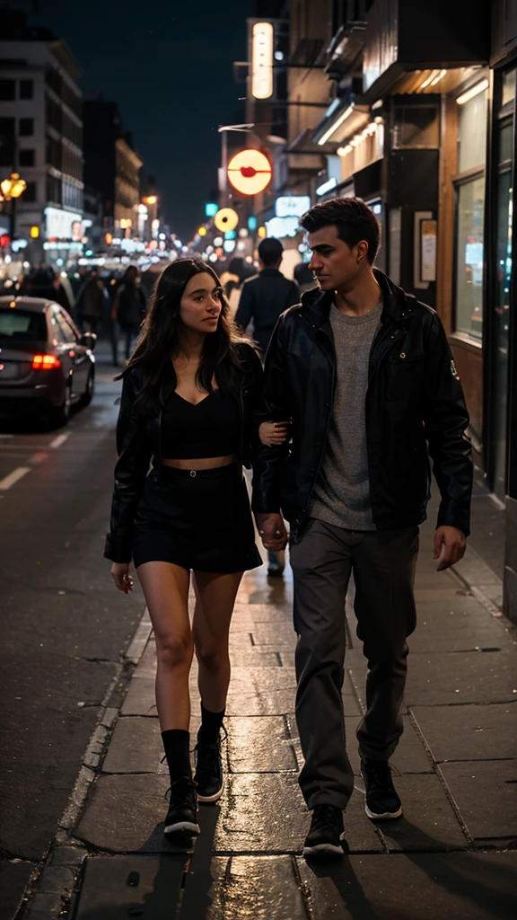 a couple walking on the street in a city at night, many lights from the city